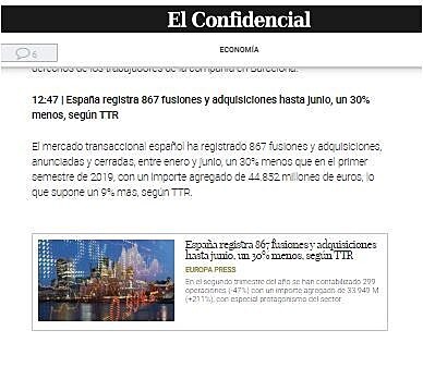 Espaa registra 867 fusiones y adquisiciones hasta junio, un 30% menos, segn TTR